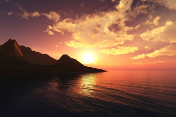 Naklejka na ściany i meble the ocean sunset over the rock, the rocky island at sunrise, 3D rendering