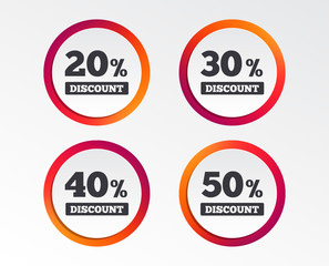 Sale discount icons. Special offer price signs. 20, 30, 40 and 50 percent off reduction symbols. Infographic design buttons. Circle templates. Vector