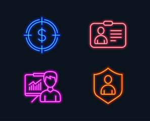 Neon lights. Set of Dollar target, Presentation and Id card icons. Security sign. Aim with usd, Education board, Human document. Private protection.  Glowing graphic designs. Vector