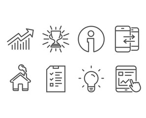 Set of Phone communication, Demand curve and Trophy icons. Interview, Light bulb and Internet report signs. Incoming and outgoing calls, Statistical report, Winner cup. Vector