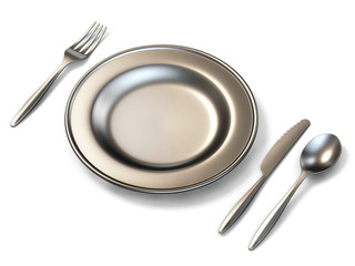 Metal plate, fork, knife and spoon side view 3D rendering