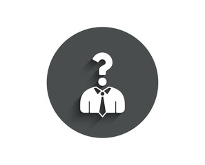 Business head hunting simple icon. Question sign. Human resources symbol. Circle flat button with shadow. Vector