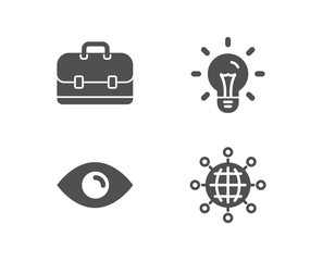 Set of Idea, Eye and Portfolio icons. International globe sign. Light bulb, View or vision, Business case. World networking.  Quality design elements. Classic style. Vector