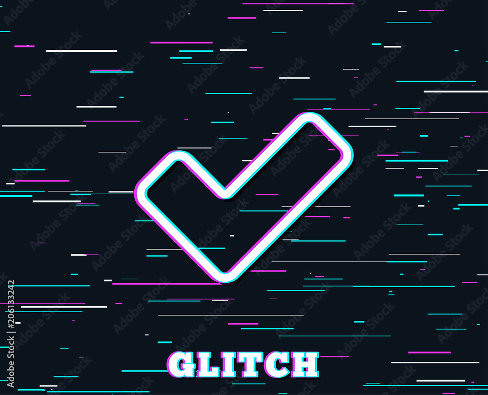 Poster glitch effect. check line icon. approved tick sign. confirm, done or accept symbol. background with 