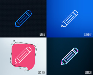 Glitch, Neon effect. Pencil line icon. Edit sign. Drawing or Writing equipment symbol. Trendy flat geometric designs. Vector