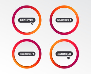 Register with hand pointer icon. Mouse cursor symbol. Membership sign. Infographic design buttons. Circle templates. Vector