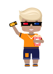 boy in 3D glasses, with a ticket to the cinema and popcorn. in a t-shirt and shorts, happy and smiling, blond, cartoon style