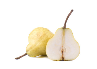 Ripe yellow pears with leaf isolated on white background