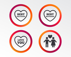 Valentine day love icons. Best girlfriend and boyfriend symbol. Couple lovers sign. Infographic design buttons. Circle templates. Vector