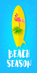Fototapeta na wymiar Summer beach poster with flamingo, surfboard, palm leaves and text on blue background. Flat design. Vector card.
