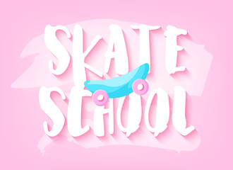 Cool summer banner with skateboard and text on pink pastel background. Flat design. Vector card.