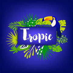 Trendy summer banner with palm leaves, toucan, tropical plants and text on dark background. Flat design. Vector card.