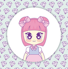 kawaii anime girl over white circle and diamonds background, colorful design. vector illustration