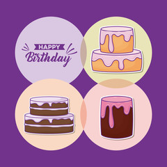 icon set of birthday cakes over colorful circles and purple background, vector illustration