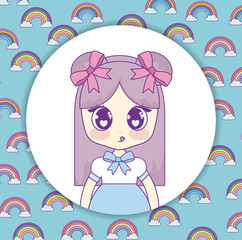 kawaii anime girl over white circle and rainbows background, colorful design. vector illustration