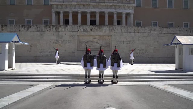 Athens, Greece - 11.04.2018: Guards on ceremonial duty at The Parliament Palace. Commemorates all those Greek soldiers who died in service of their country over its long history