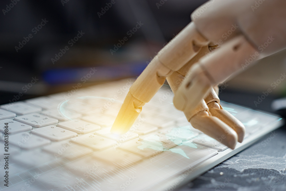 Poster robot finger point to laptop button with flare light and hud effect,robotic , artificial intelligenc
