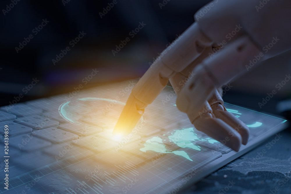 Poster robot finger point to laptop button with flare light and hud effect,robotic , artificial intelligenc