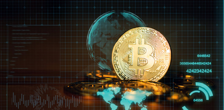 cryptocurrency,Bitcoin Gold (BTG) on dark background with copy space - as the result of latest Bitcoin's ,with digital HUD graphic