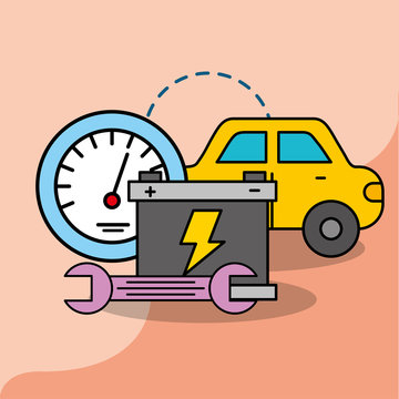 car service maintenance battery wrench speedometer vector illustration