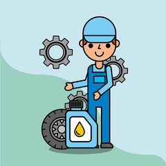 employee with wheel and oil bottle car service maintenance vector illustration