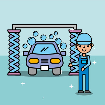 employee car wash service maintenance vector illustration
