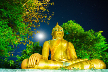 Big Buddha statue in the woods and stars in the sky
