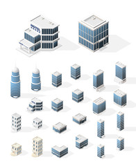 Set of Realistic Isometric High Quality City Element for Map on White Background . Buildings
