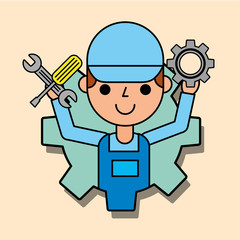 worker holding gear and wrench car service maintenance vector illustration