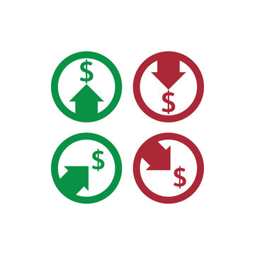dollar increase decrease icon. Money symbol with arrow stretching rising up and drop fall down. Business cost sale and reduction icon. vector illustration.