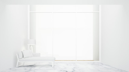 Fototapeta na wymiar Living room and balcony in hotel or apartment - White room minimal design and white background for artwork -3D Rendering