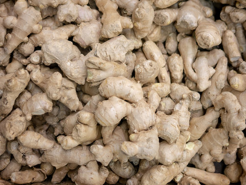 Imbir in market. Imbir in vegetable street market. Imbir in supermarket. Landscape. A backdrop of Imbir. Street vegetable market. Group of fresh Imbirs