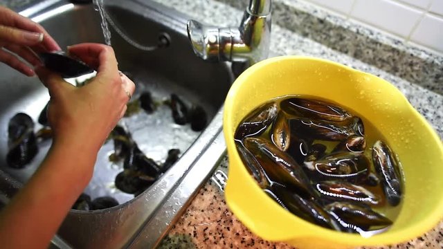 Slow motion of woman hands taking off byssus from mussels under the running water in sink and then putting them into bowl with water. Seafood preparation process.