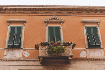 close up of balcony with plants and flowers on old house with windows, Pisa, Italy