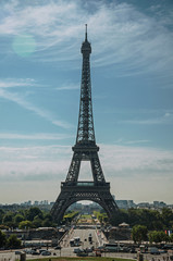Seine River, Eiffel Tower and gardens under sunny blue sky, seen from the Trocadero in Paris. Known as the &ldquo;City of Light&rdquo;, is one of the most impressive world&rsquo;s cultural center. Northern France.