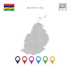 Vector Dotted Map of Mauritius. Simple Silhouette of Mauritius. The National Flag of Mauritius. Multicolored Map Markers