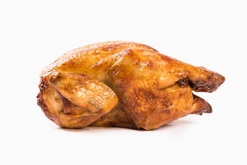 Roast chicken isolated on white background.