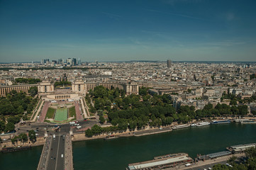 Skyline, River Seine, Trocadero and buildings under blue sky, seen from the Eiffel Tower in Paris....