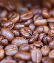 Closed up roasted coffee beans