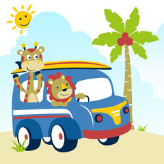 Obraz na płótnie Canvas Holiday trip with funny animals cartoon. Eps 10