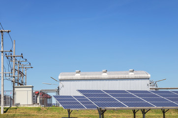Rows array of polycrystalline silicon solar cells or photovoltaics in solar power plant turn up...