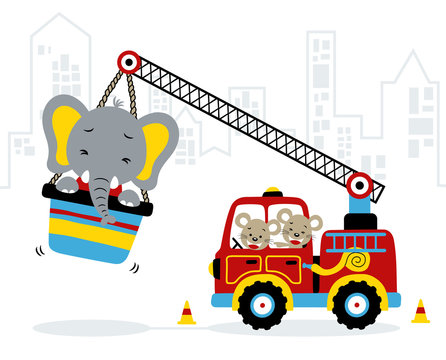 Funny animals cartoon with fire truck. Eps 10
