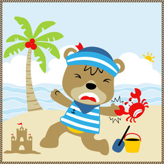 Funny beach side, crab claws bear hands, vector cartoon illustration