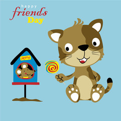 Nice cat and mouse, the best friend, vector cartoon illustration