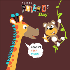 Nice giraffe with cute monkey, vector cartoon illustration