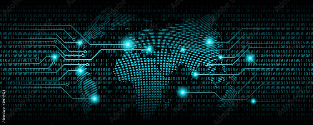 Poster binary code abstract background and world map., digital communication code, technology background