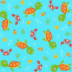vector cartoon seamless pattern with cute animals. Marine life with turtle, crab, shellfish, fish