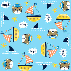 vector cartoon seamless pattern with cute animals. Sailor under shark attack