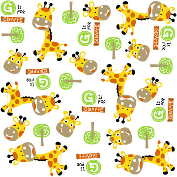 vector cartoon seamless pattern with cute animals. Yellow giraffes and trees