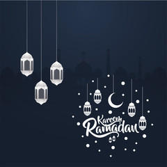 calligraphy of islamic event with beautiful lantern and mosque